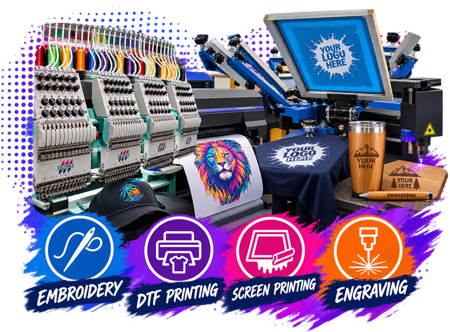 embroidery dtf-printing screen-printing laser-engraving